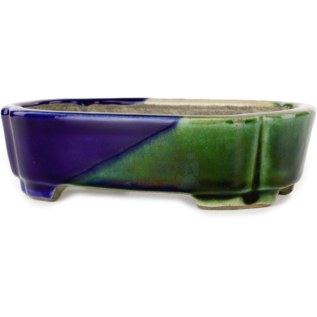 Pot à bonsaï craquelé bleu et vert Mokko par Terahata Satomi Mazan - 160 x 120 x 45 mm