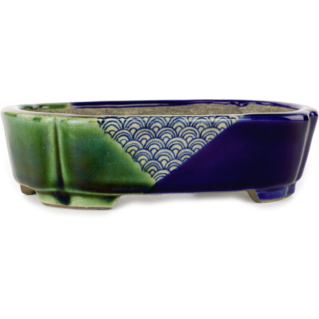 Mokko blauw en groene craquelé bonsaipot van Terahata Satomi Mazan - 160 x 120 x 45 mm