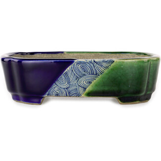  Satomi Mazan, Mazan Terahata 160 mm mokko blauwe en groene craquelé bonsaipot van Terahata Satomi Mazan, Tokoname, Japan