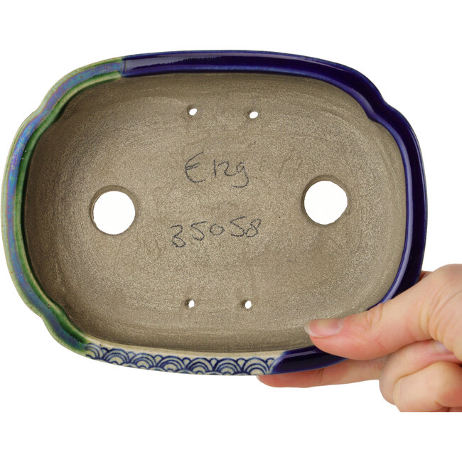 Mokko blue and green craquelé bonsai pot by Terahata Satomi Mazan - 160 x 120 x 45 mm