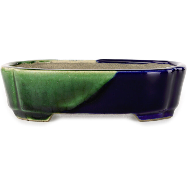 Mokko blue and green craquelé bonsai pot by Terahata Satomi Mazan - 160 x 120 x 45 mm