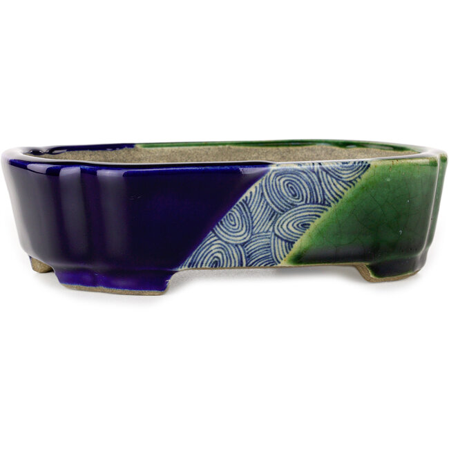 Vaso bonsai Mokko craquelé blu e verde di Terahata Satomi Mazan - 160 x 120 x 45 mm