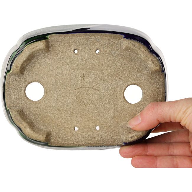 Vaso bonsai Mokko craquelé blu e verde di Terahata Satomi Mazan - 160 x 120 x 45 mm