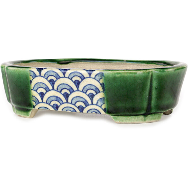 Craquelé verde Mokko con maceta de bonsái con detalles en azul de Terahata Satomi Mazan - 160 x 120 x 45 mm