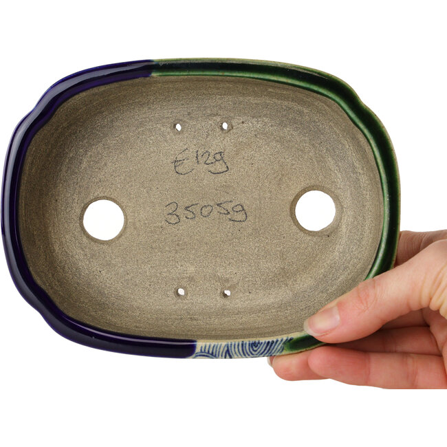 Mokko blue and green craquelé bonsai pot by Terahata Satomi Mazan - 160 x 120 x 45 mm