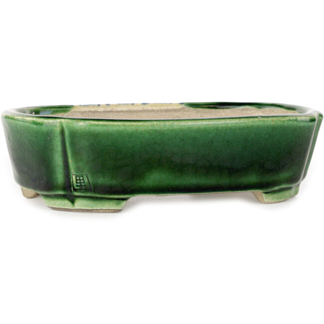 Mokko green craquelé with a blue accent bonsai pot by Terahata Satomi Mazan - 160 x 120 x 45 mm