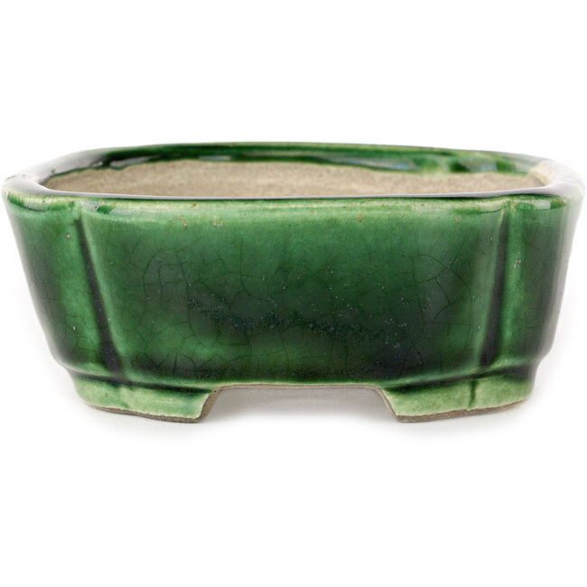 Mokko green craquelé with a blue accent bonsai pot by Terahata Satomi Mazan - 160 x 120 x 45 mm