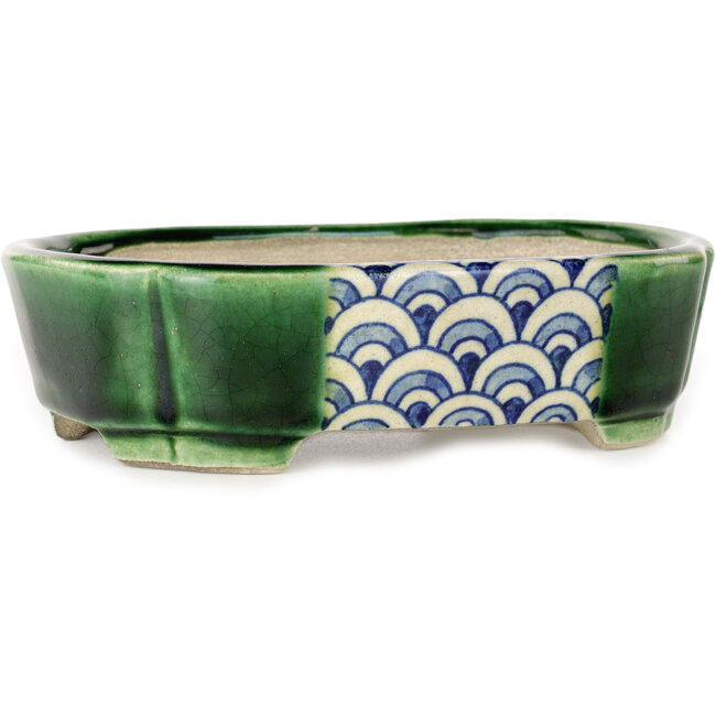 Craquelé verde Mokko con maceta de bonsái con detalles en azul de Terahata Satomi Mazan - 160 x 120 x 45 mm