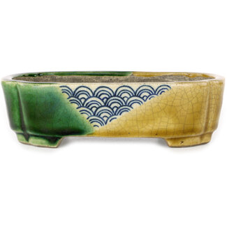  Satomi Mazan, Mazan Terahata 160 mm mokko yellow and green craquelé bonsai pot by Terahata Satomi Mazan, Tokoname, Japan