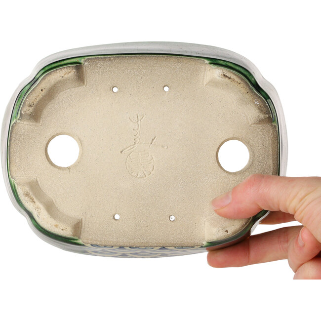 Craquelé verde Mokko con maceta de bonsái con detalles en azul de Terahata Satomi Mazan - 160 x 120 x 45 mm