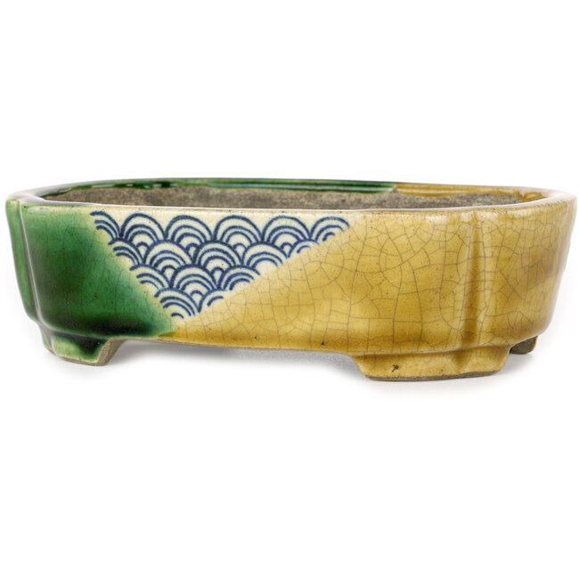 Maceta para bonsái craquelé amarillo y verde Mokko de Terahata Satomi Mazan - 160 x 120 x 45 mm