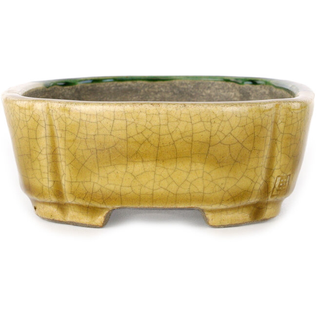 Mokko gele en groene craquelé bonsaipot van Terahata Satomi Mazan - 160 x 120 x 45 mm
