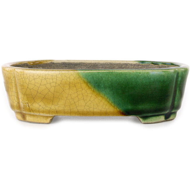 Pot à bonsaï craquelé jaune et vert Mokko par Terahata Satomi Mazan - 160 x 120 x 45 mm