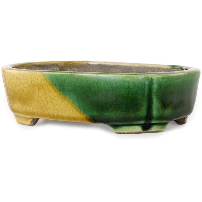 Vaso bonsai Mokko giallo e verde craquelé di Terahata Satomi Mazan - 160 x 120 x 45 mm