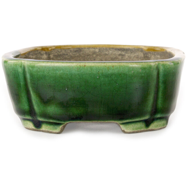 Pot à bonsaï craquelé jaune et vert Mokko par Terahata Satomi Mazan - 160 x 120 x 45 mm