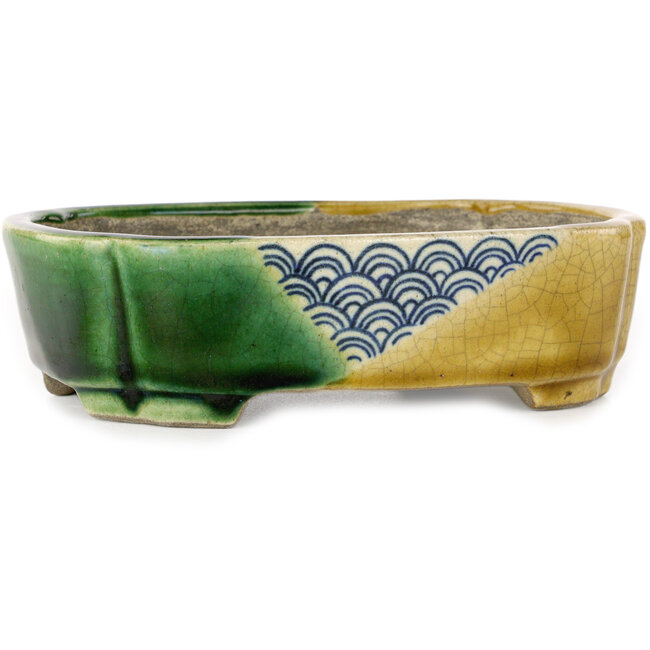 Pot à bonsaï craquelé jaune et vert Mokko par Terahata Satomi Mazan - 160 x 120 x 45 mm