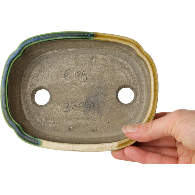 Gelber und grüner Craquelé-Bonsaitopf Mokko von Terahata Satomi Mazan – 160 x 120 x 45 mm