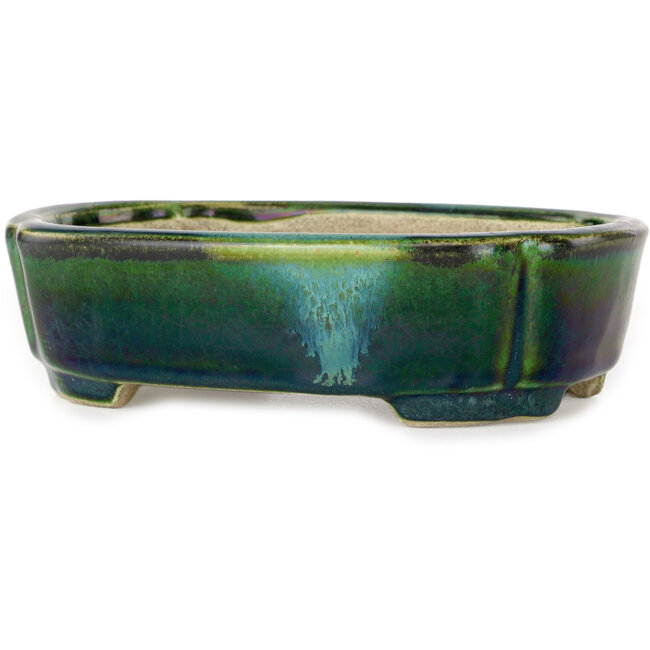 Mokko green with a blue accent bonsai pot by Terahata Satomi Mazan - 160 x 120 x 45 mm