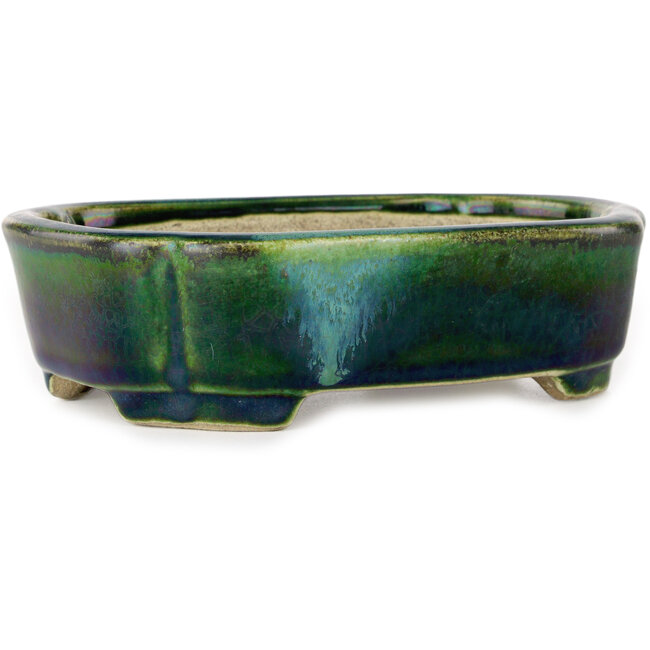 Maceta para bonsái verde Mokko con detalles en azul de Terahata Satomi Mazan - 160 x 120 x 45 mm