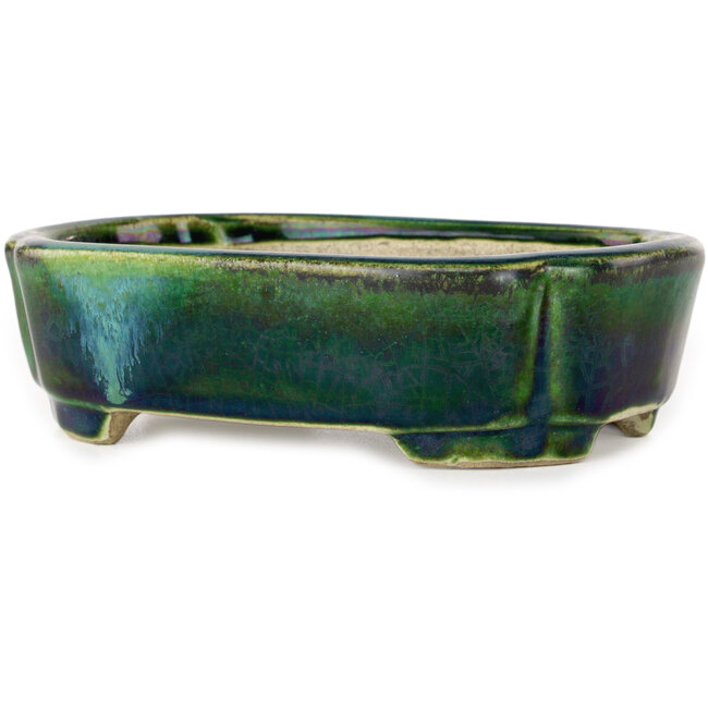 Pot à bonsaï Mokko vert avec accent bleu par Terahata Satomi Mazan - 160 x 120 x 45 mm