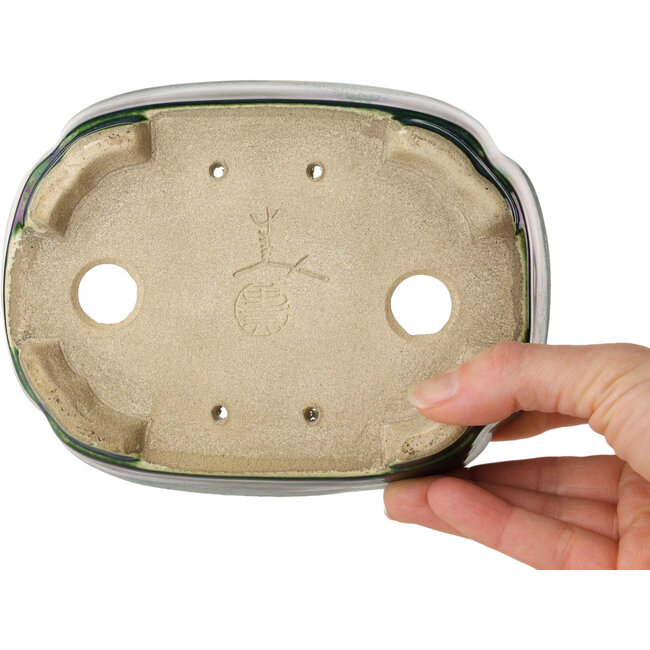 Vaso bonsai Mokko verde con accenti blu di Terahata Satomi Mazan - 160 x 120 x 45 mm