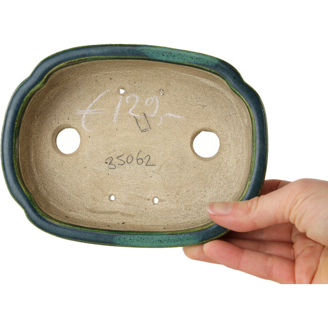 Maceta para bonsái verde Mokko con detalles en azul de Terahata Satomi Mazan - 160 x 120 x 45 mm