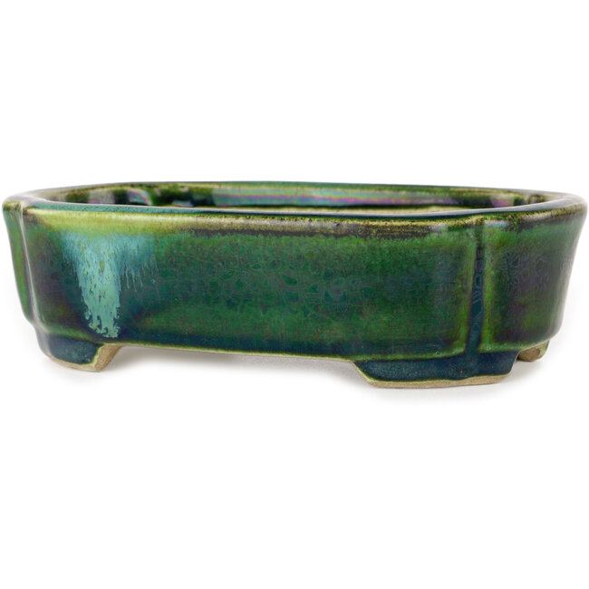 Mokko groen met blauw accent bonsaipot van Terahata Satomi Mazan - 160 x 120 x 45 mm