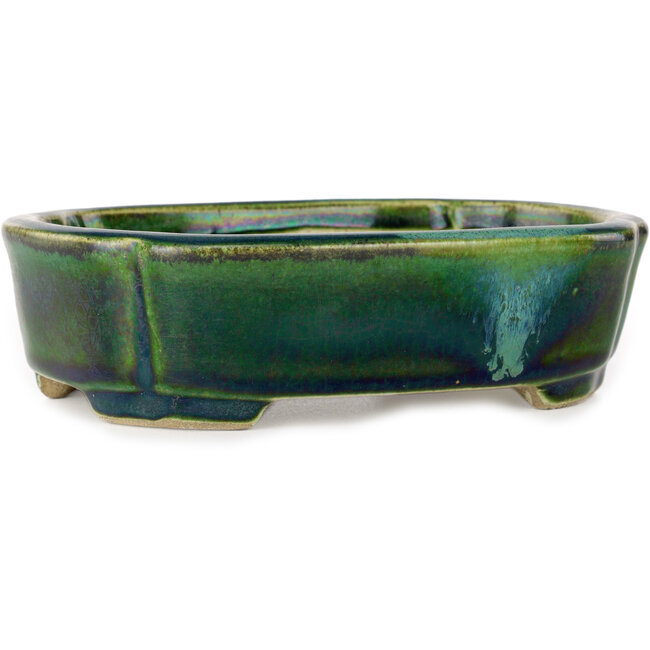 Vaso bonsai Mokko verde con accenti blu di Terahata Satomi Mazan - 160 x 120 x 45 mm