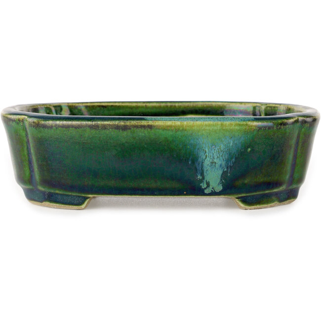 Maceta para bonsái verde Mokko con detalles en azul de Terahata Satomi Mazan - 160 x 120 x 45 mm