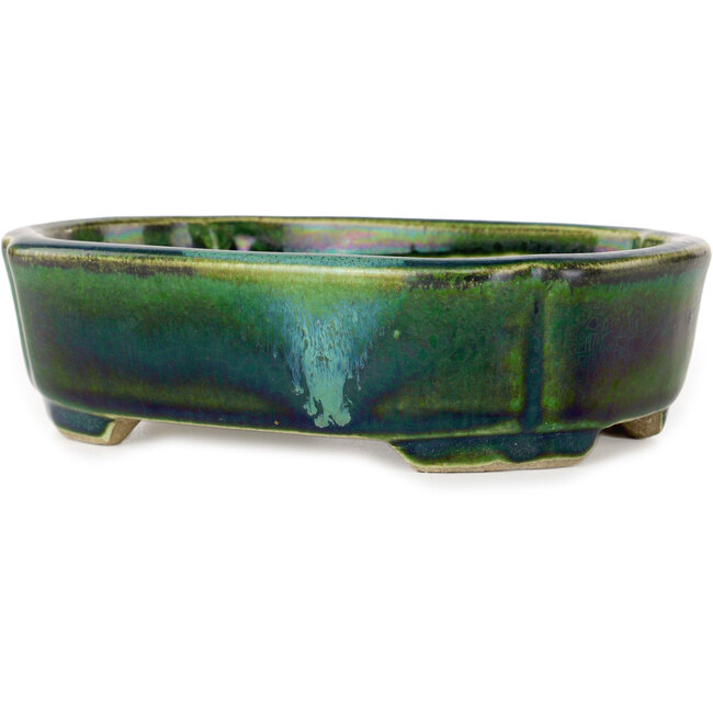 Vaso bonsai Mokko verde con accenti blu di Terahata Satomi Mazan - 160 x 120 x 45 mm