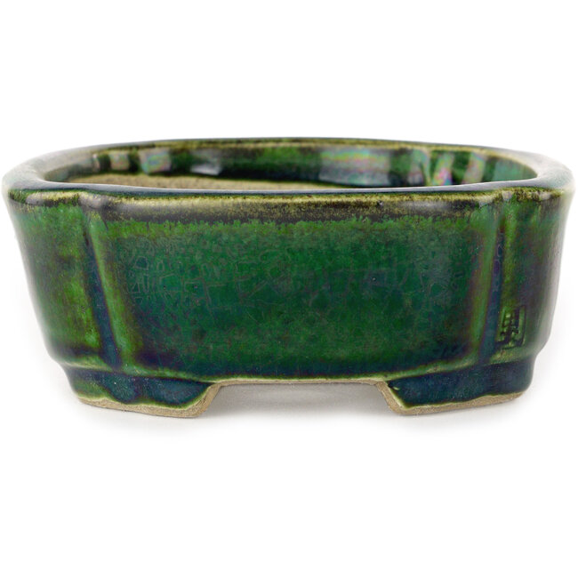 Mokko green with a blue accent bonsai pot by Terahata Satomi Mazan - 160 x 120 x 45 mm