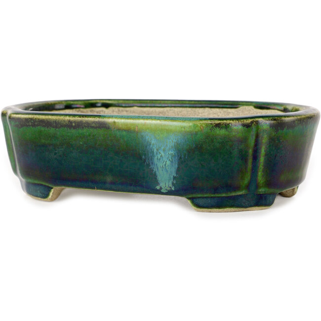 Maceta para bonsái verde Mokko con detalles en azul de Terahata Satomi Mazan - 160 x 120 x 45 mm