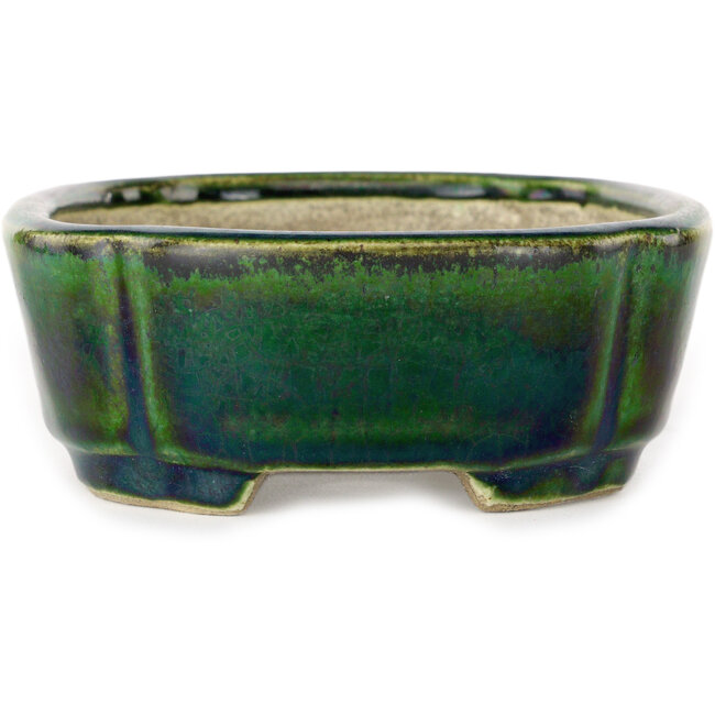 Mokko green with a blue accent bonsai pot by Terahata Satomi Mazan - 160 x 120 x 45 mm