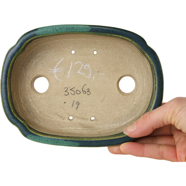 Mokko green with a blue accent bonsai pot by Terahata Satomi Mazan - 160 x 120 x 45 mm