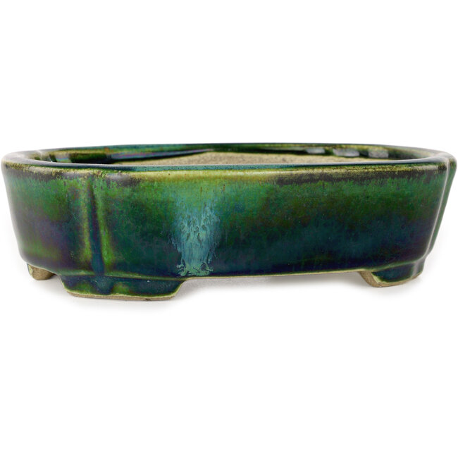 Mokko green with a blue accent bonsai pot by Terahata Satomi Mazan - 160 x 120 x 45 mm