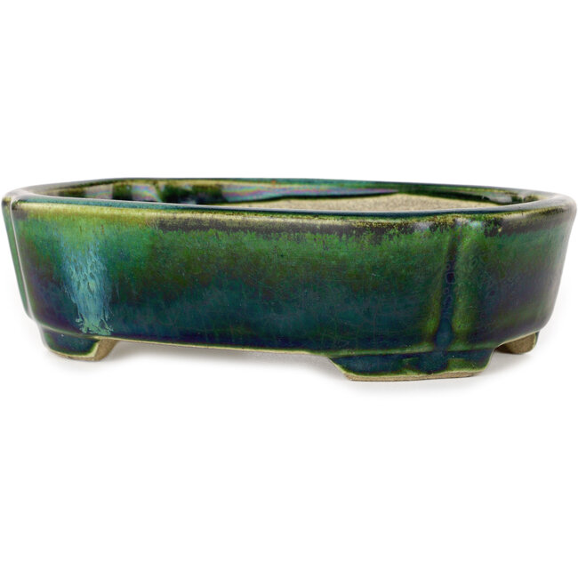 Mokko groen met blauw accent bonsaipot van Terahata Satomi Mazan - 160 x 120 x 45 mm