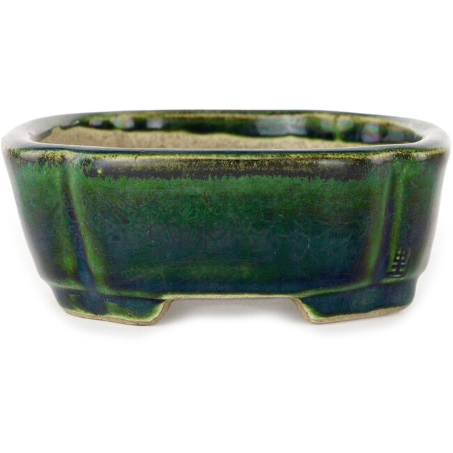 Mokko green with a blue accent bonsai pot by Terahata Satomi Mazan - 160 x 120 x 45 mm