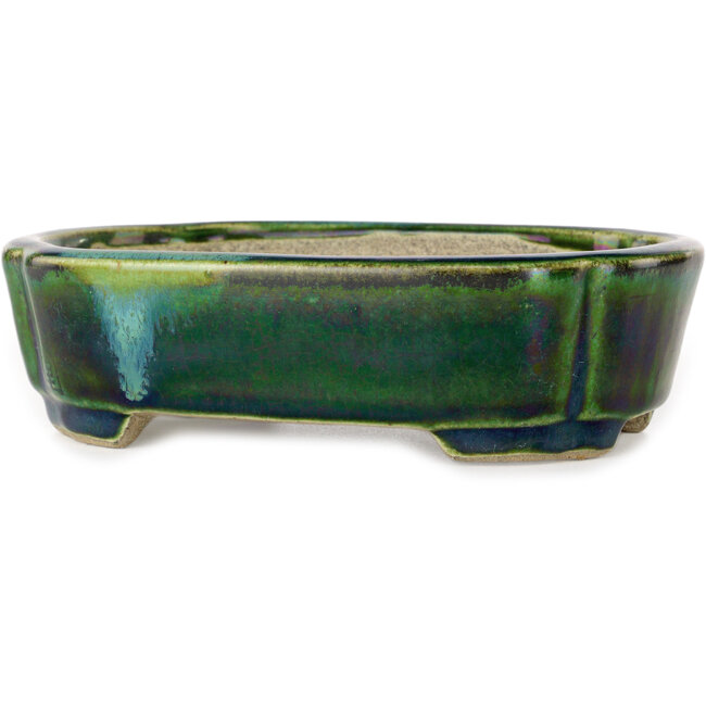 Maceta para bonsái verde Mokko con detalles en azul de Terahata Satomi Mazan - 160 x 120 x 45 mm