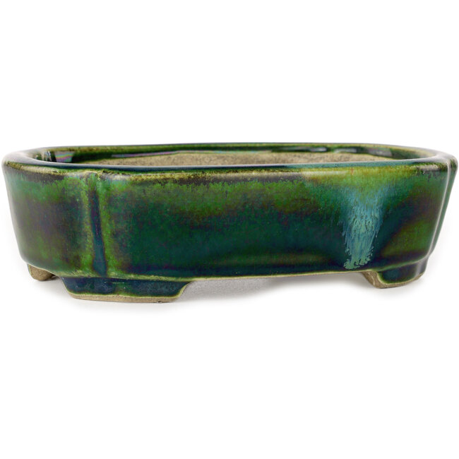 Maceta para bonsái verde Mokko con detalles en azul de Terahata Satomi Mazan - 160 x 120 x 45 mm