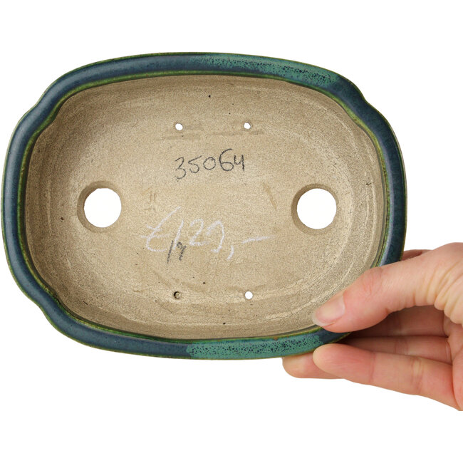 Vaso bonsai Mokko verde con accenti blu di Terahata Satomi Mazan - 160 x 120 x 45 mm