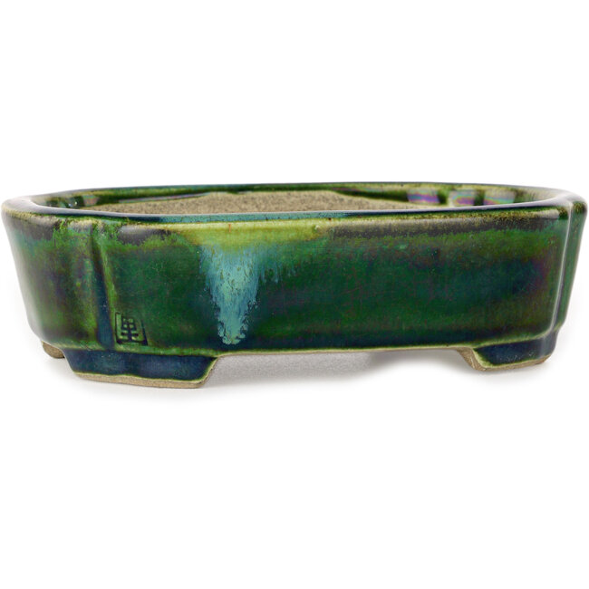 Mokkogrüner Bonsaitopf mit blauem Akzent von Terahata Satomi Mazan – 160 x 120 x 45 mm