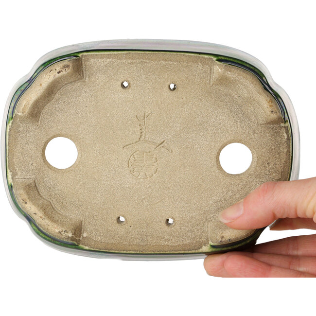 Mokko green with a blue accent bonsai pot by Terahata Satomi Mazan - 160 x 120 x 45 mm