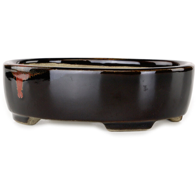 Ovaler, brauner Bonsai-Topf mit rotem Akzent von Terahata Satomi Mazan – 157 x 130 x 47 mm