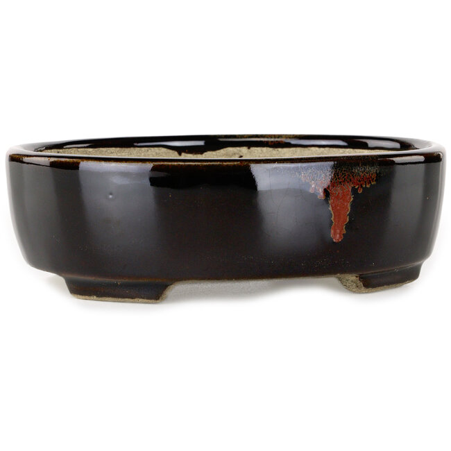 Ovaler, brauner Bonsai-Topf mit rotem Akzent von Terahata Satomi Mazan – 157 x 130 x 47 mm