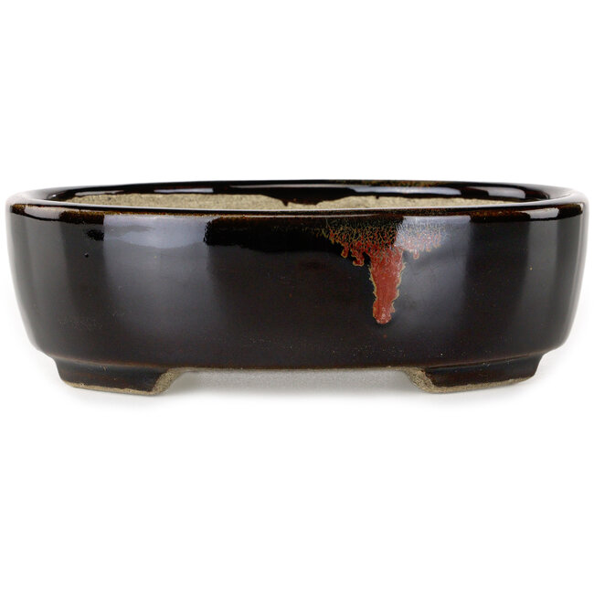 Vaso bonsai ovale marrone con accenti rossi di Terahata Satomi Mazan - 157 x 130 x 47 mm