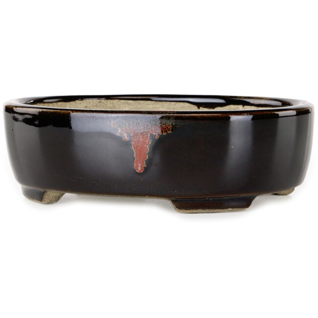 Oval brown with a red accent bonsai pot by Terahata Satomi Mazan - 157 x 130 x 47 mm