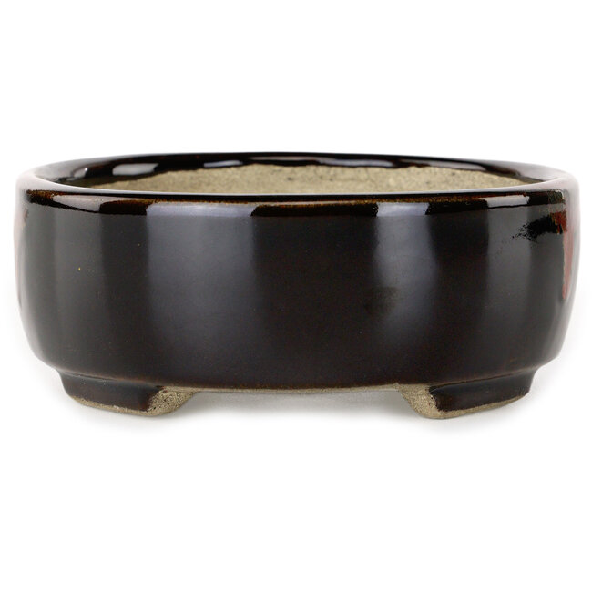 Ovaler, brauner Bonsai-Topf mit rotem Akzent von Terahata Satomi Mazan – 157 x 130 x 47 mm