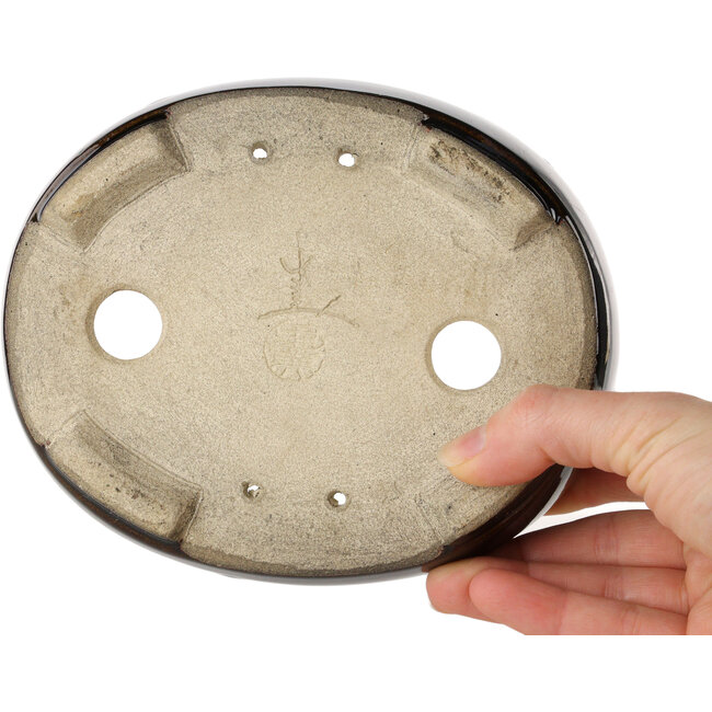 Ovale bruine bonsaipot met rode accenten van Terahata Satomi Mazan - 157 x 130 x 47 mm