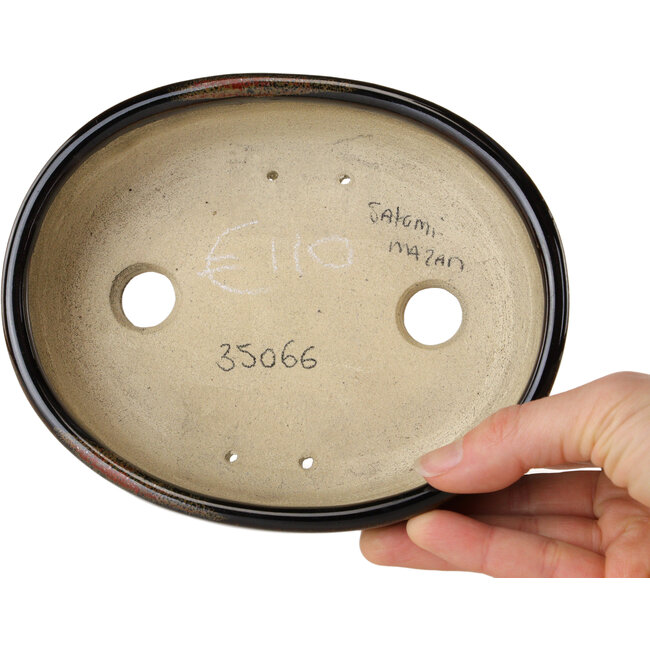 Ovale bruine bonsaipot met rode accenten van Terahata Satomi Mazan - 157 x 130 x 47 mm