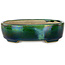 Ovaler grüner Bonsai-Topf mit blauem Akzent von Terahata Satomi Mazan – 157 x 130 x 47 mm